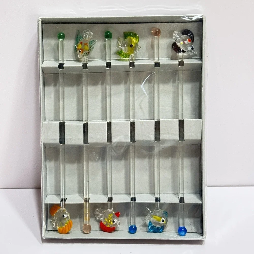 Fish Ocean WORLD MARKET glass stir sticks  set of 6 Beach Vacation Fun Whimsical